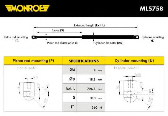 MONROE газовий амортизатор капота HYUNDAI SONATA V (NF) STABILUS арт. ML5758