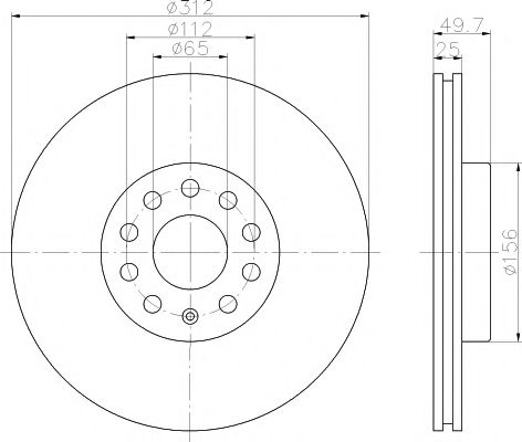 HELLA VW Гальмівний диск передній Audi A3 03- VW Golf V, Passat 05- Skoda BREMBO арт. 8DD355109521