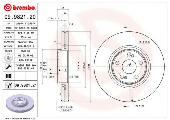 Гальмівний диск BOSCH арт. 09982121